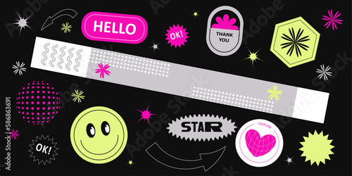 Collection of various patches, labels, tags, stickers, brands of bracelets for the festival. thanks, hi, yes. funky hipster retrowave stickers with 90s style. Vector set, trendy promo labels