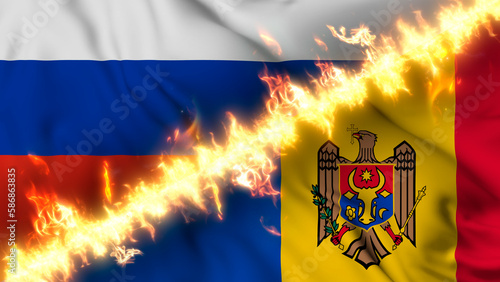 Картината върху платно Illustration of a waving flag of russia and Moldova separated by a line of fire