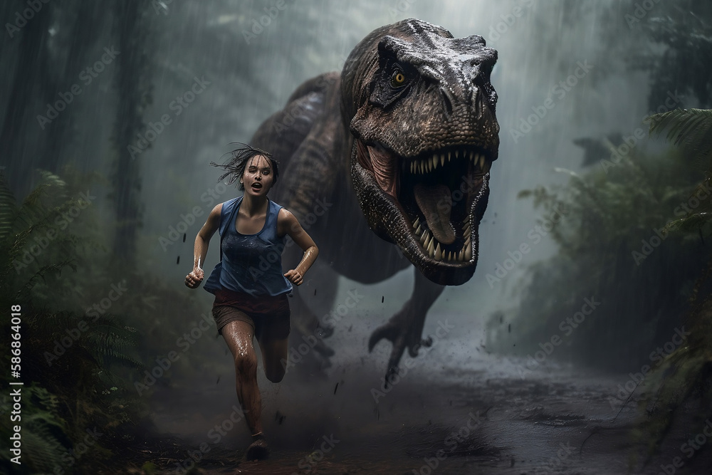 woman attacked by t-rex, generative ai