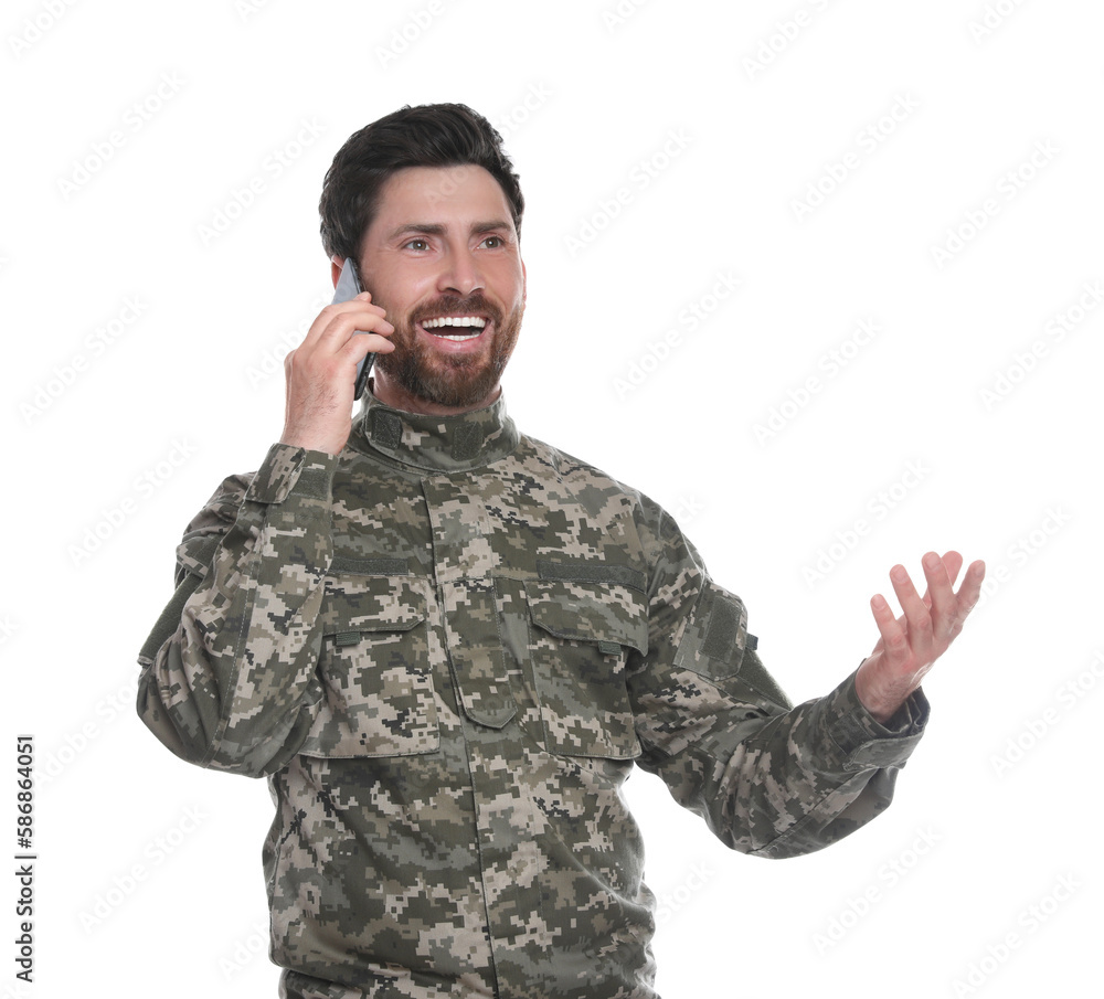 Happy soldier talking on phone against white background. Military service Happy soldier talking on phone against white background. Military service