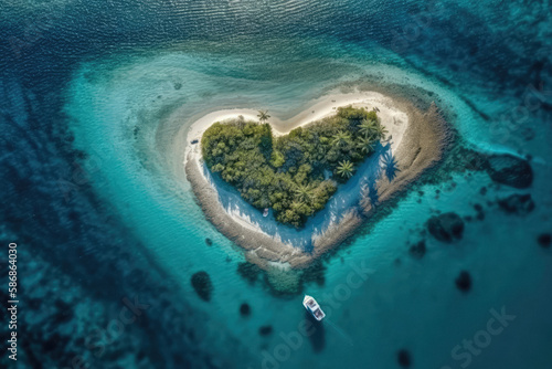Paradise Island Heart Form is a romantic image of a tropical island surrounded by crystal-clear ocean waters. The heart-shaped island is a true paradise.