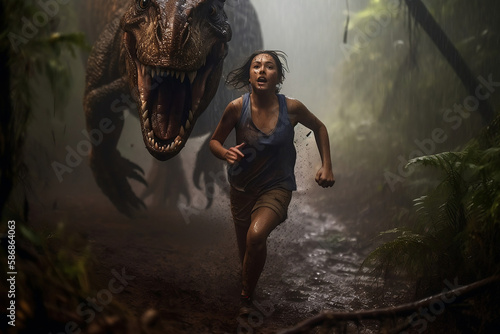 woman attacked by t-rex, generative ai photo