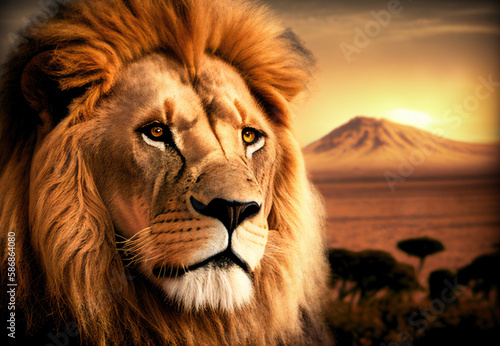 Lion portrait on african savanna. Generative AI