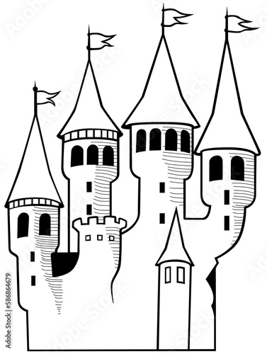 Drawing of a Fairy-tale Castle - Cartoon Illustration Isolated on White Background, Vector
