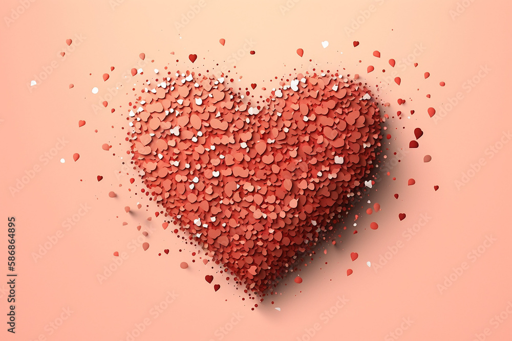 Red heart shape made of confetti on the pink background. Generative AI