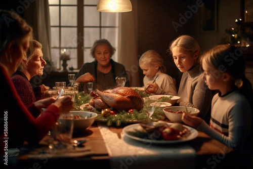 Family on traditional thanksgiving dinner, created with Generative AI Technology