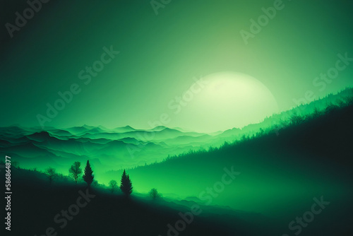 Different shades of green gradient landscape with trees and mountains. Generative AI