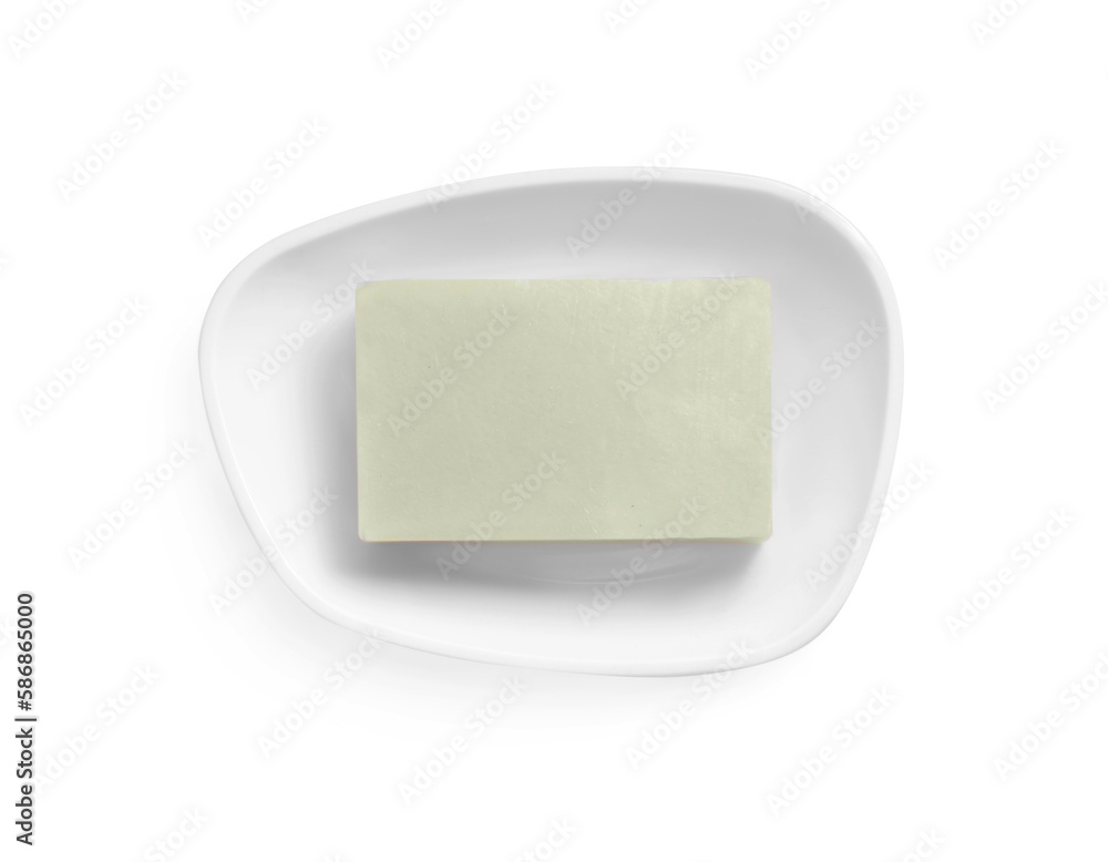 Holder with soap bar on white background, top view Holder with soap bar on white background, top view