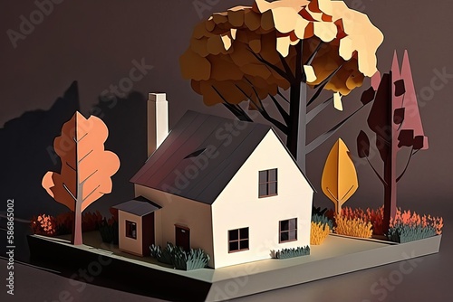 minimalist construction paper craft in the style wood clapboard house 3D