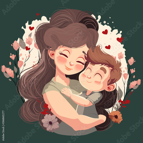 Happy mothers day illustration with woman holding a child. Thank you card with blooming flowers. Use for Boarding Pass, birthday card, invitations, Birthday card