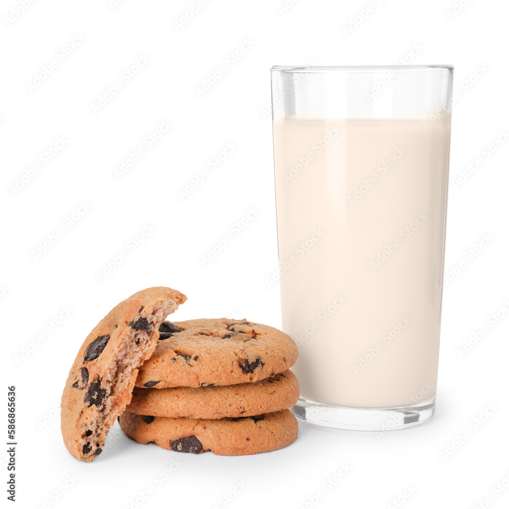 Delicious chocolate chip cookies and milk isolated on white Delicious chocolate chip cookies and milk isolated on white