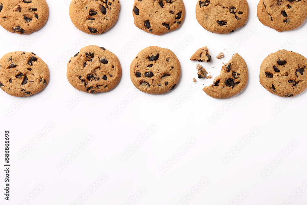 Many delicious chocolate chip cookies on white background, flat lay. Space for text Many delicious chocolate chip cookies on white background, flat lay. Space for text