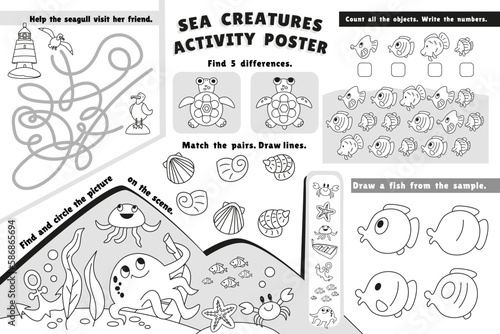 Sea creature activity poster. Connect pairs, maze, find differences, write numbers. Coloring page. Black and white games for kids in preschool. Cute cartoon characters. Vector illustration. 