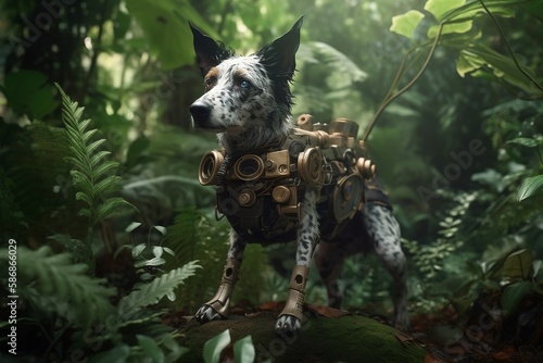 The Explorer Steampunk Dog, in the jungle, curios, digital art. Created using generative AI.