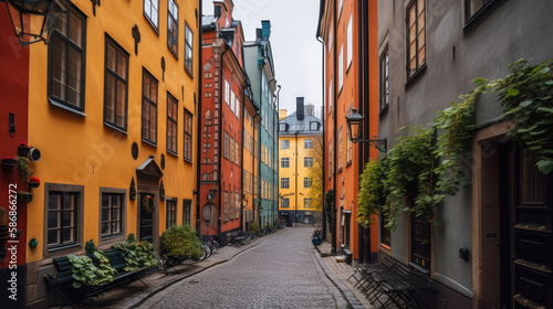 Gamla Stan. Beautiful Scandinavian scenery of Sweden. Generative AI