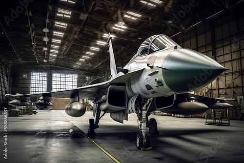 interior view of a generic military fighter jet parked inside a military barracks, generative ai