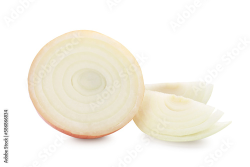 Pieces of fresh onion on white background
