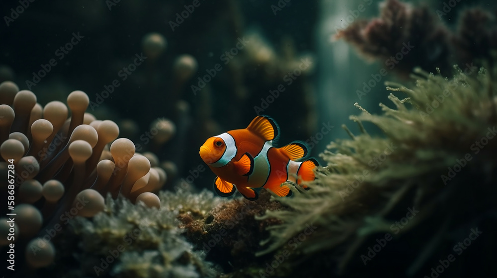 A clown fish in a beautiful forest. Generative AI A clown fish in a beautiful forest. Generative AI