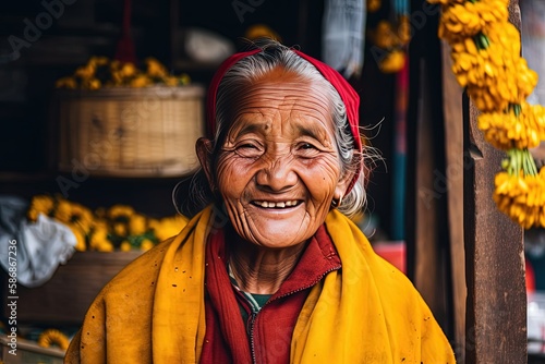 portrait of elderly Indian woman in traditional flower shop  Generative Ai
