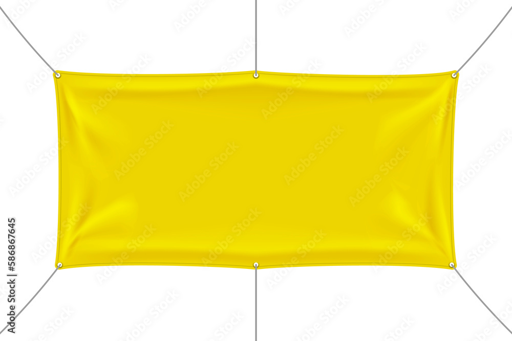 Yellow fabric banner with folds stretched on ropes with space for your slogan, word or art. Png isolated on transparent background Yellow fabric banner with folds stretched on ropes with space for your slogan, word or art. Png isolated on transparent background