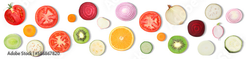 Fototapeta Naklejka Na Ścianę i Meble -  Collage with many pieces of vegetables and fruits on white background, top view