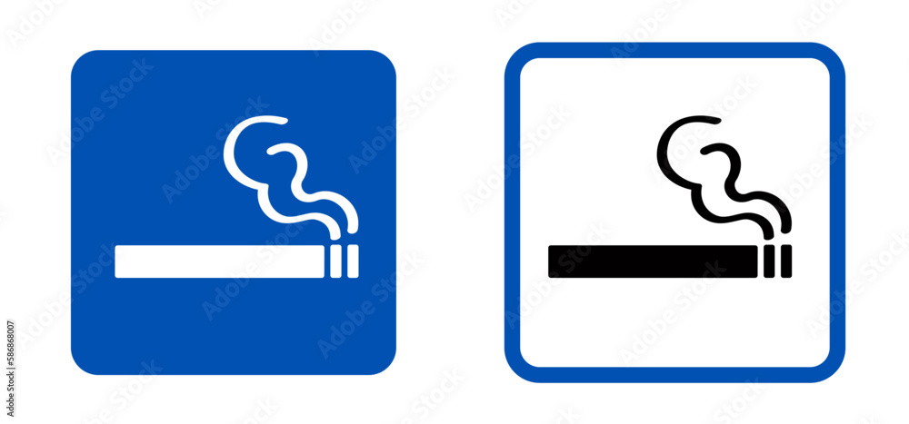 permitting. Smoking allowed prohibition sign. Cartoon smoking icon or pictogram. Smoke signage or smoking here. Cigarette, tobacco or smoke area or zone. Mandatory, blue symbol for public places permitting. Smoking allowed prohibition sign. Cartoon smoking icon or pictogram. Smoke signage or smoking here. Cigarette, tobacco or smoke area or zone. Mandatory, blue symbol for public places