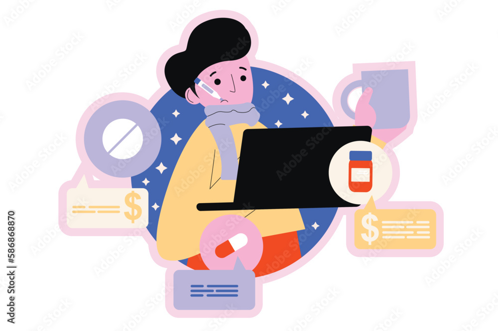 Online pharmacy round concept with people scene in the flat cartoon design. Sick man orders medicine from an online pharmacy so as not to leave the house. Vector illustration.