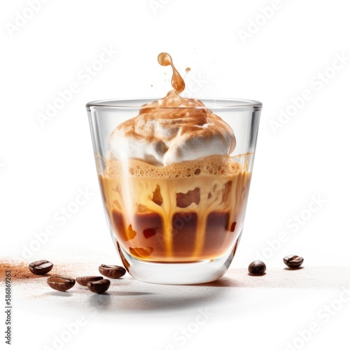 a glass cup of freshly affogato coffee with coffee beans and liguid cream on a crisp white background photo