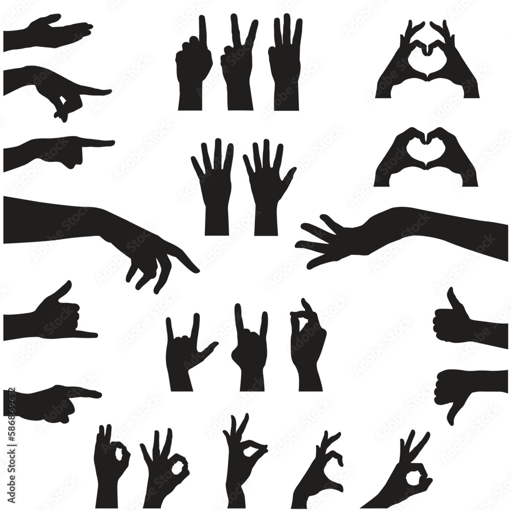 Hand silhouette set in black isolated on white, different poses of hand