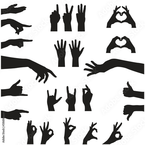 Hand silhouette set in black isolated on white, different poses of hand © Seniz