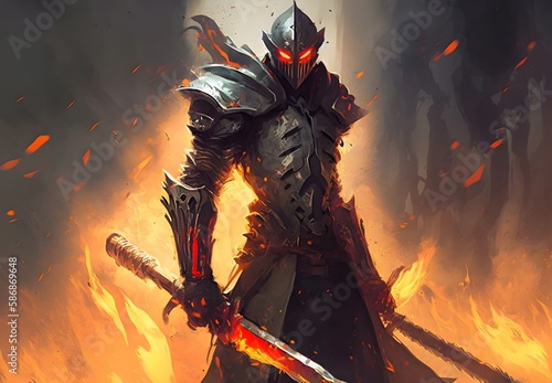 warrior posing with fire flame swords on fire background, illustration painting, Generative AI