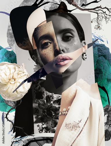 Collage of women's portraits in black and white jacket and white peony Fototapet