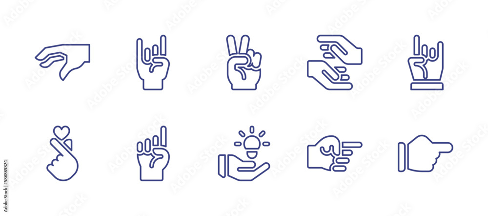 Hand gestured line icon set. Editable stroke. Vector illustration. Containing hand, victory, kpop, point.