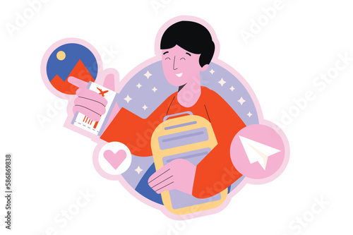 Travel round concept with people scene in the flat cartoon design. Man is packing a backpack to go on a trip. Vector illustration.