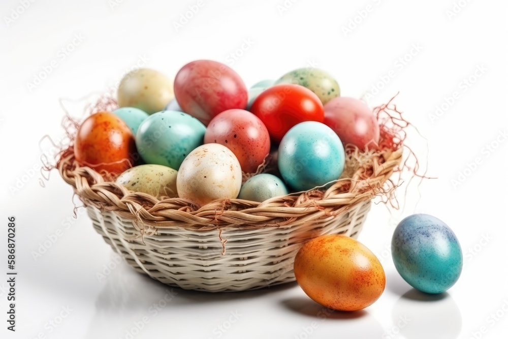 colorful basket filled with Easter eggs. Generative AI colorful basket filled with Easter eggs. Generative AI
