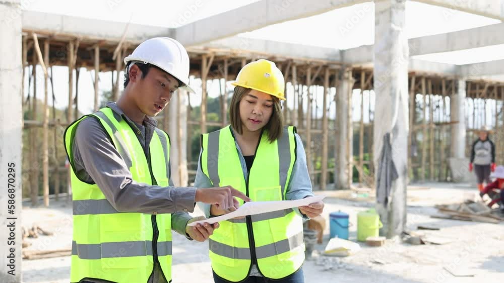 Construction engineers discussing project at construction site, Building construction collaboration concept, Video 4k slow motion. Construction engineers discussing project at construction site, Building construction collaboration concept, Video 4k slow motion.