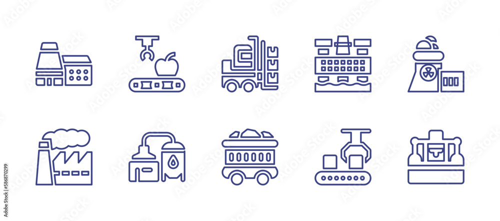 Industry line icon set. Editable stroke. Vector illustration. Containing factory, mechanical arm, forklift, oil platform, nuclear plant, beer factory, coal, claw, industrial robot.