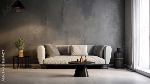 beautiful modern minimalism contemporary interior with sofa and grunge wall, bare, concrete cement wall, Generative Ai