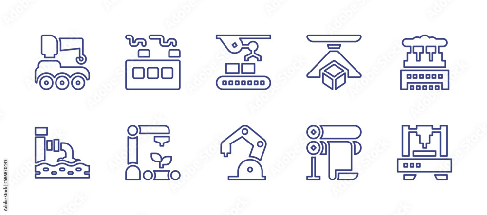 Industry line icon set. Editable stroke. Vector illustration. Containing industrial robot, industrial, robotic arm, industry, waste water, production, robot arm, printer, laser.
