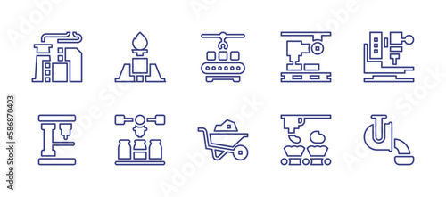 Industry line icon set. Editable stroke. Vector illustration. Containing oil refinery, oil well, conveyor, robot arm, drilling machine, milk, wheelbarrow, process, metallurgy.