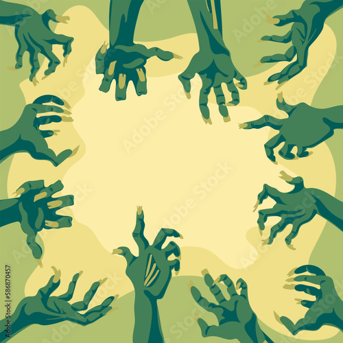 Halloween background with zombie hands attacking you. Hands surround and attack you on a light background in the form of a text frame. Printing a banner, a flyer for the Day of the Dead party