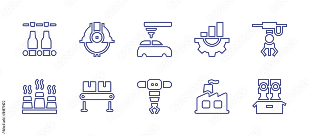 Industry line icon set. Editable stroke. Vector illustration. Containing production, helmet, automobile, improvement, industrial robot, factory, conveyor, robot arm, robot.
