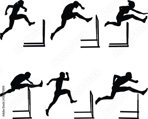 set male and female athlete running hurdles in athletics race, black silhouette on white background, summer olympic sports