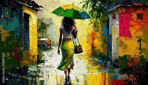 paint like illustration of an African woman walking on street on raining day, Generative Ai