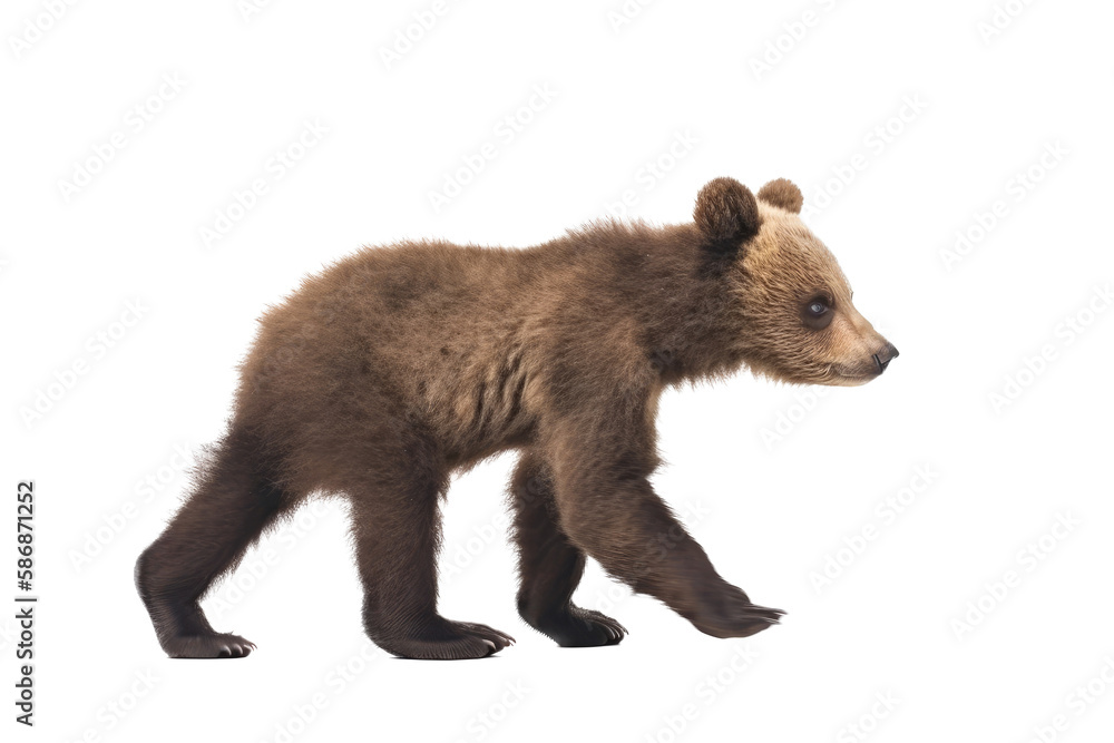 Fototapeta premium an isolated baby brown bear cub walking, side-view, Alaskan, horizontal, mountain-themed photorealistic illustration on a transparent background in PNG. Ursus americanus. Generative AI