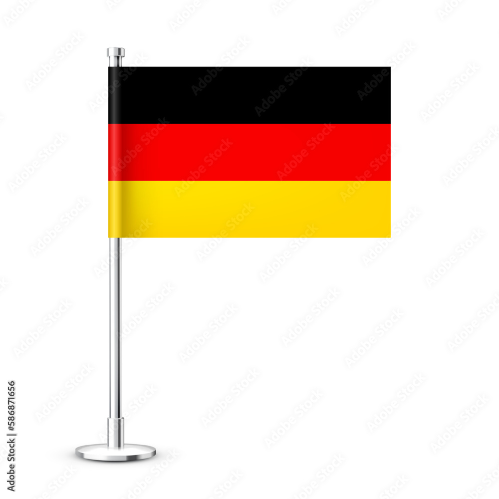 Realistic German table flag on a chrome steel pole. Souvenir from Germany. Desk flag made of paper or fabric and shiny metal stand. Mockup for promotion and advertising. Vector illustration Realistic German table flag on a chrome steel pole. Souvenir from Germany. Desk flag made of paper or fabric and shiny metal stand. Mockup for promotion and advertising. Vector illustration