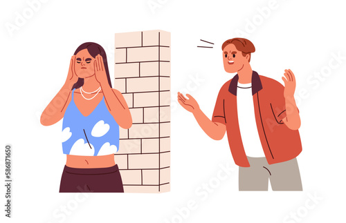 Misunderstanding in couple relationship. People quarrel, conflict. Toxic angry man shouting at woman. Psychology violation concept. Flat graphic vector illustration isolated on white background