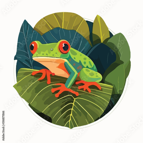 Red-eyed tree frog on a tropical leaf in the rainforest. Tropical rainforest reptiles animals. Flat vector illustration concept. Generative AI