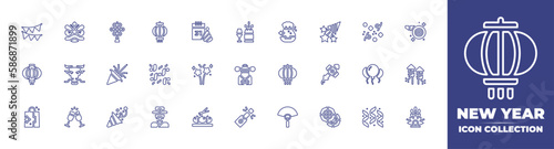 New year line icon collection. Editable stroke. Vector illustration. Containing flags, lion head, amulet, lantern, new year, champagne, money bag, confetti, blower, chinese new year lamp, and more.