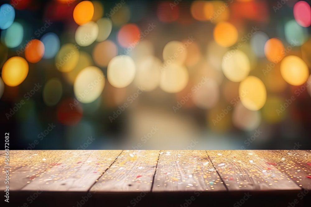 wooden table top with bokeh lights in the background. Generative AI wooden table top with bokeh lights in the background. Generative AI